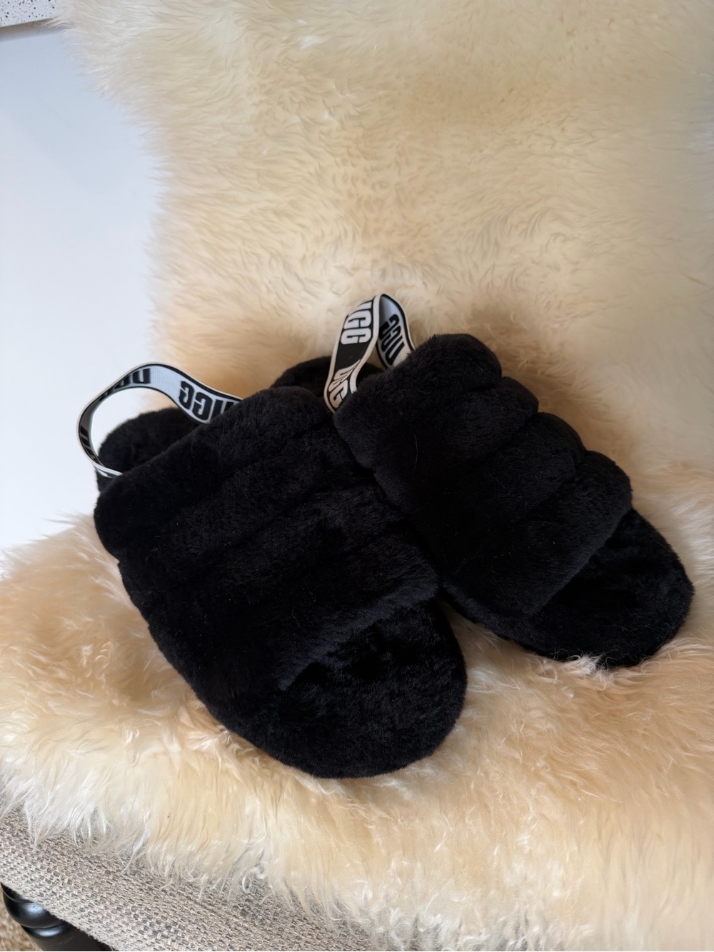 UGG Black Plush Slide Sandals with Branded Elastic Heel Strap